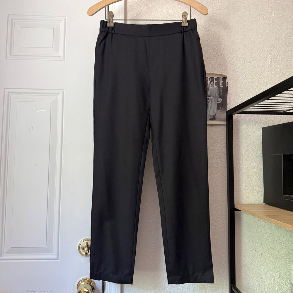 NILI LOTAN black virgin wool slim leg cropped pull on waist trousers pants